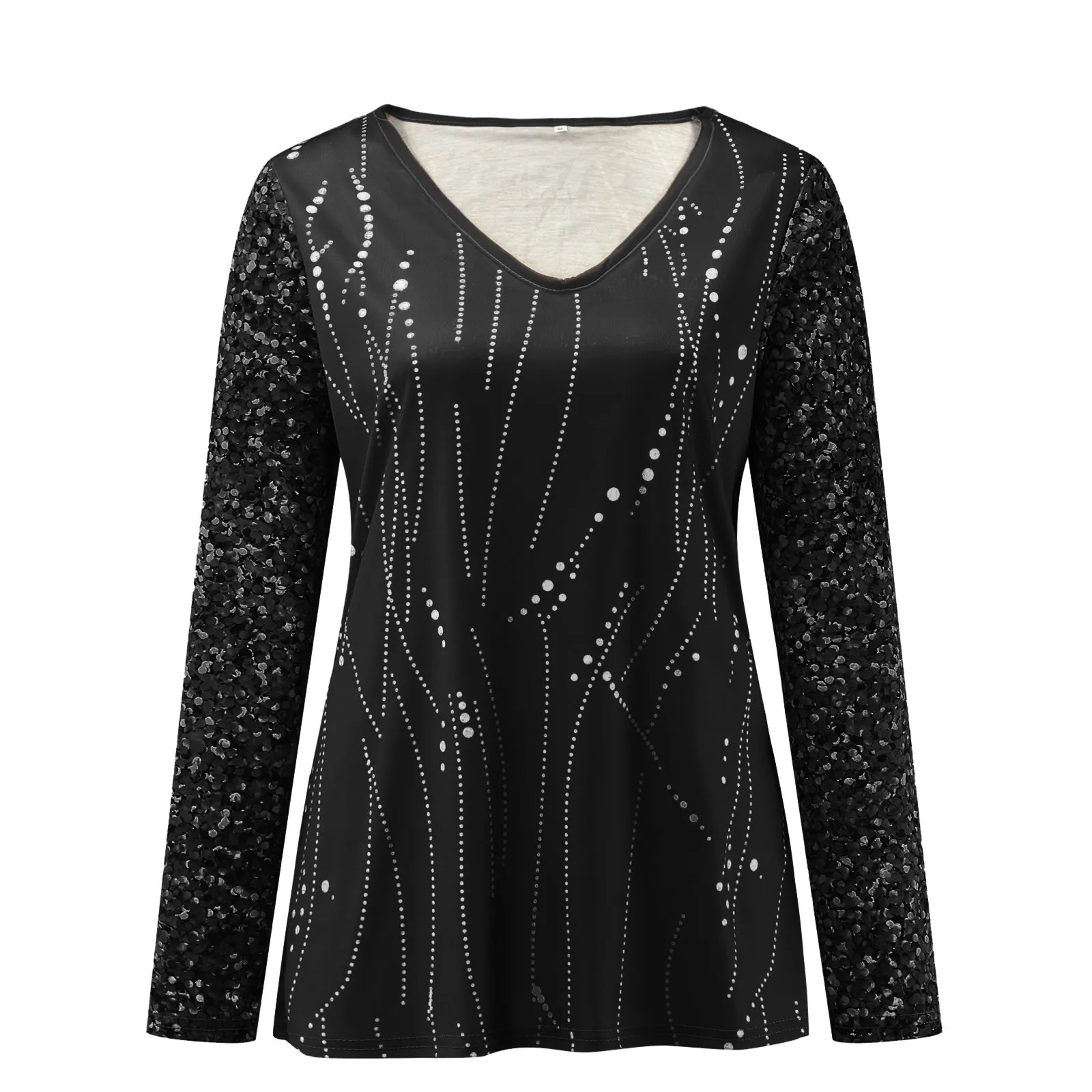 Evening Sequin Tunic Tops Women Spring Fashion Print V Neck Top Long Sleeve T Shirt Fashion Black Ladies Elegant Shirts Pullover