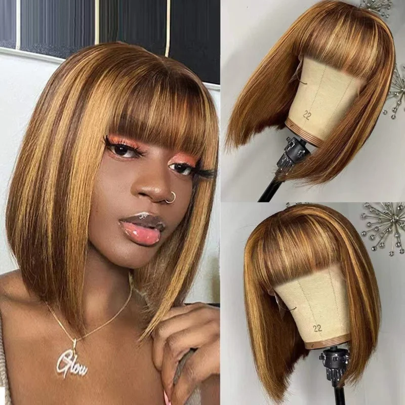 

Women's short with air bangs, BOBO style, brown-gold mixed color, synthetic fiber, full head net wig