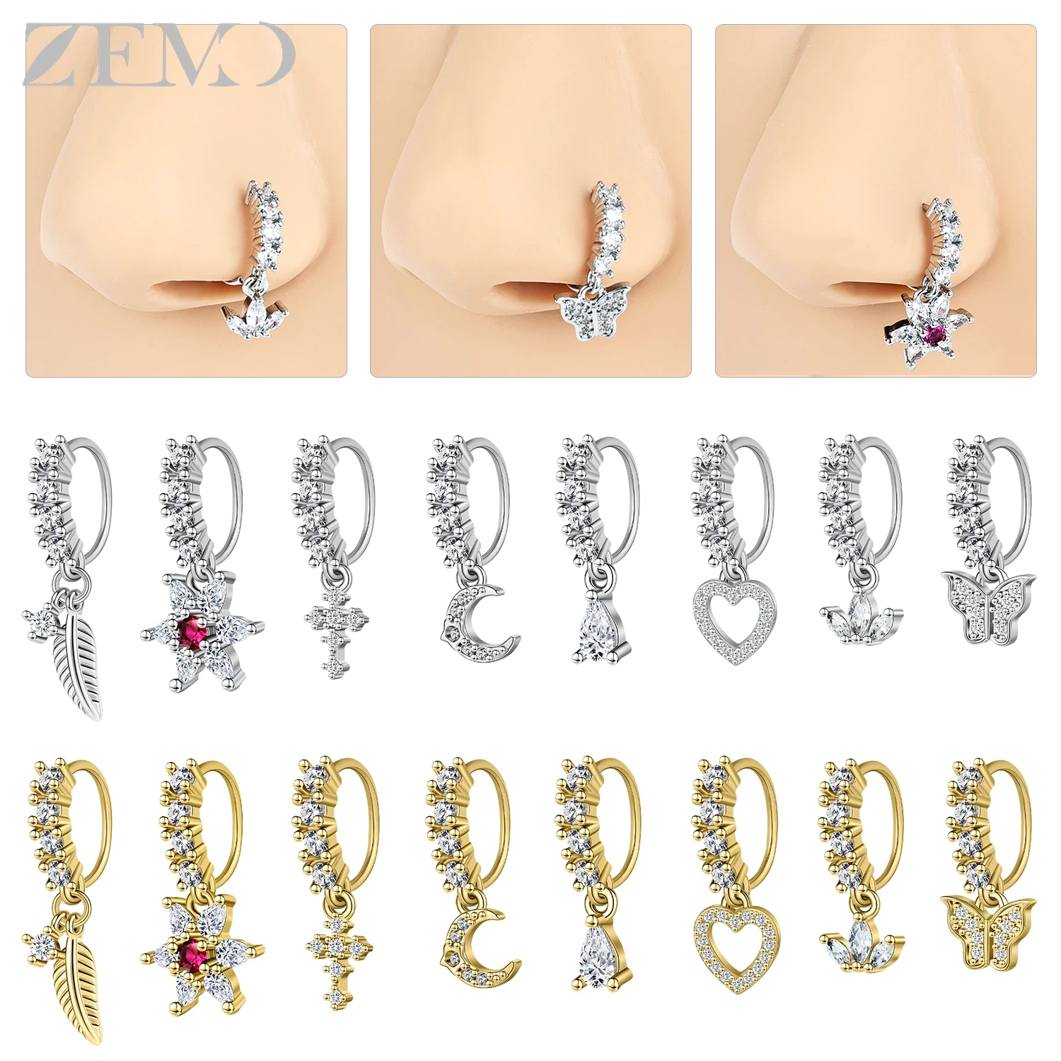 

ZEMO 1 PC 20G Stainless Steel Nose Rings Women Men Hoop Nose Piercings Flower Cross Heart Pendant Nostril Piercing Body Jewelry