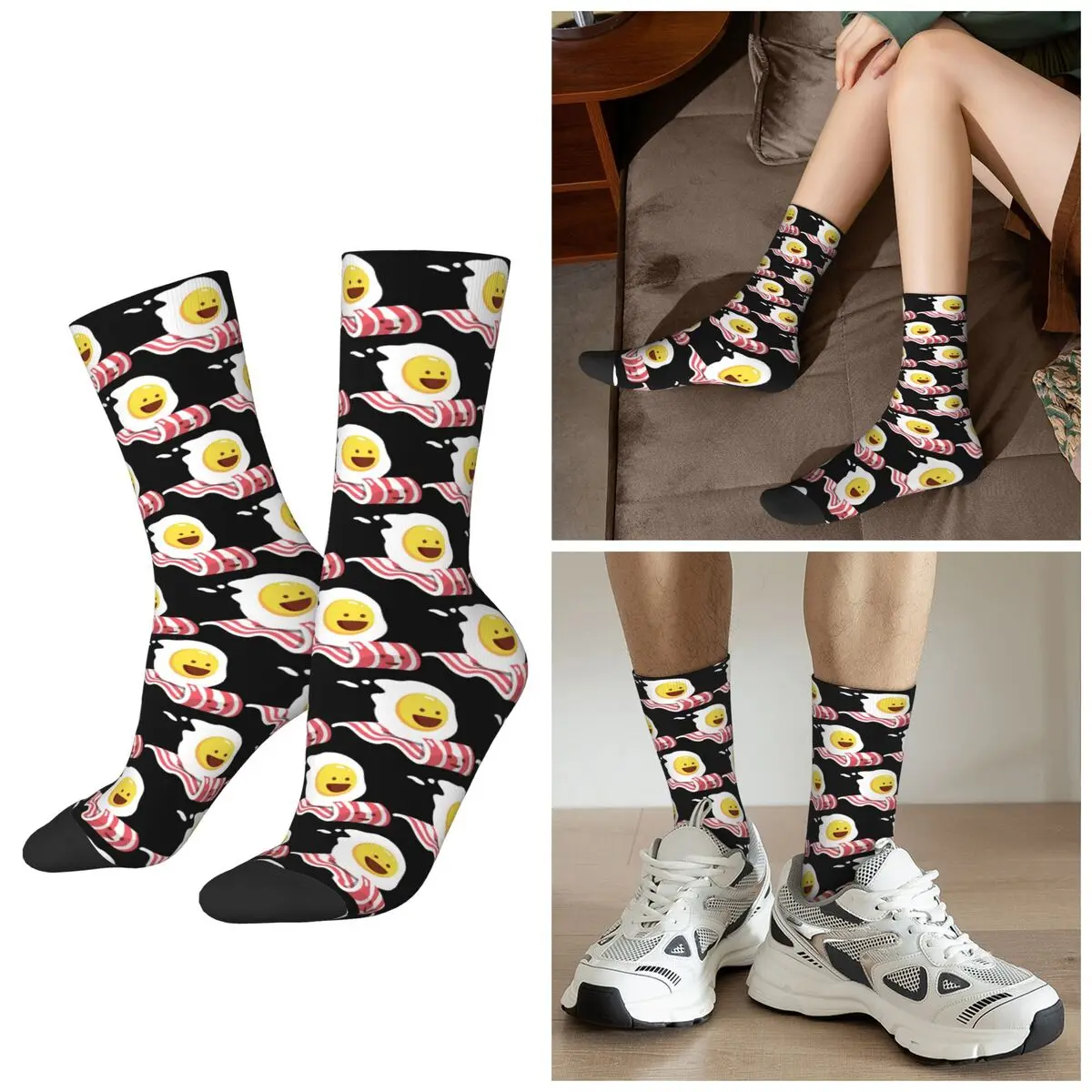 

All Seasons Fried Egg Bacon Gourmet Energy Breakfast Socks Harajuku Sport Middle Tube Socks High Quality Stockings for Men Women