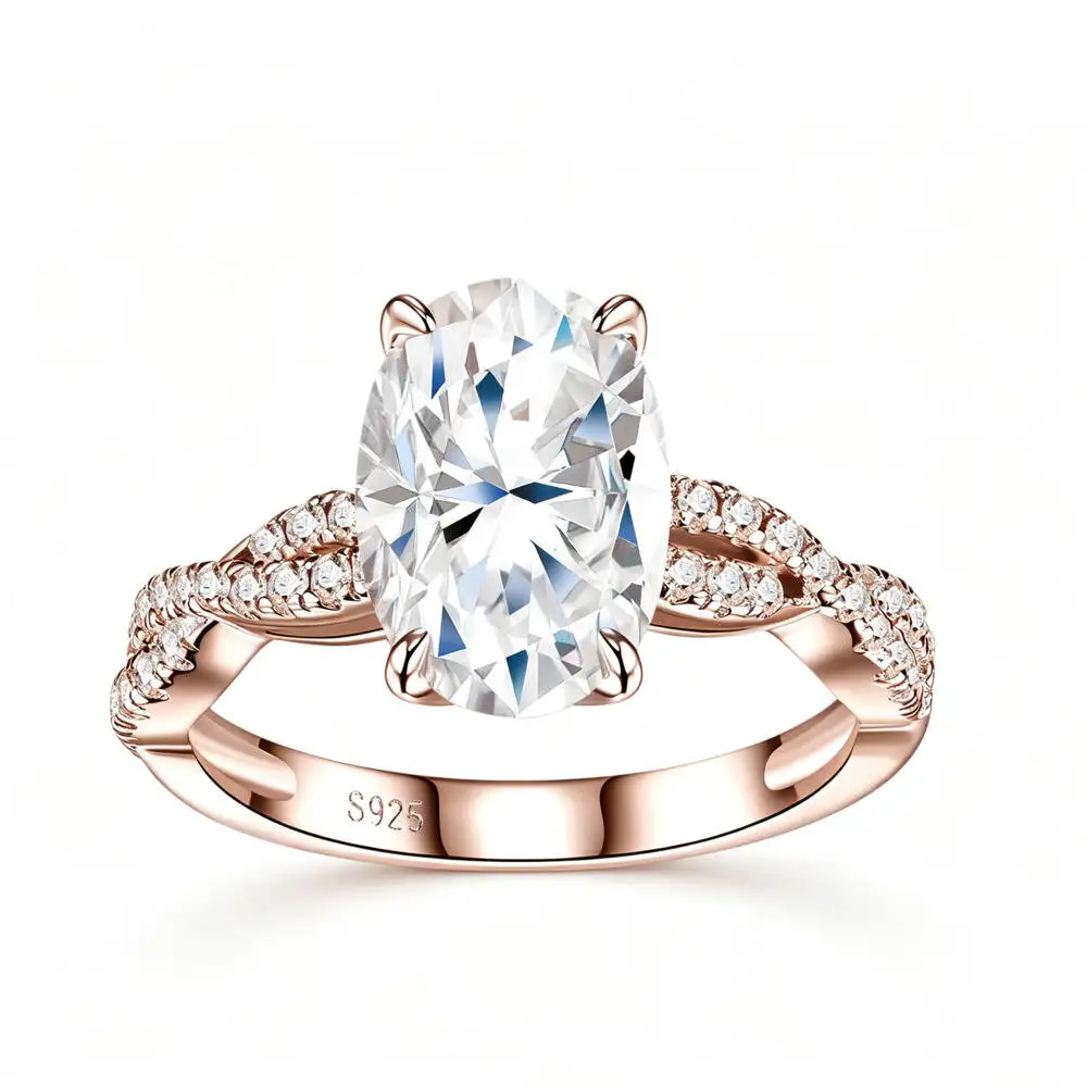 925 Sterling Silver 4.5CT Oval Twisted Split Paved Ring D VVS1 Moissanite Multi Tone Luxury Engagement Fine Jewelry For Women