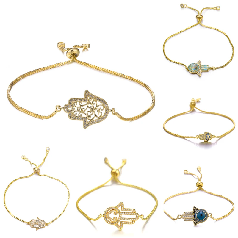 Juya Micro Pave Zircon 18K Gold Plated Copper Hand Of Fatima Hamsa Charms Adjustable Bracelets Supplies