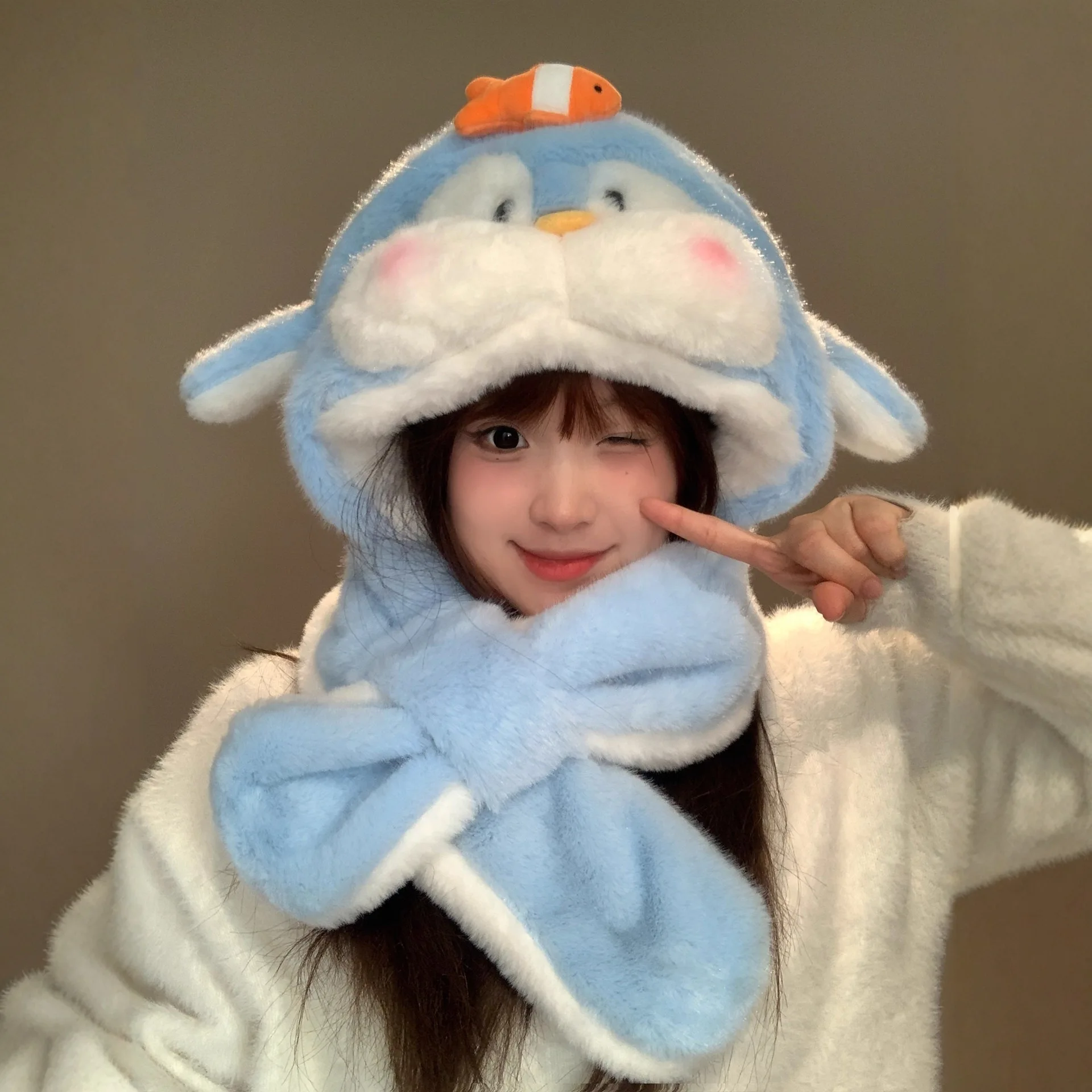 

Winter Thickened Penguin 2-in-1 Hat Scarf - Women's Plush Ushanka Cap with Ear Flaps, Fleece-Lined Cozy Warm Hat