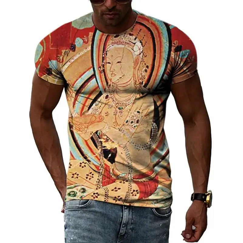 Summer Men 3d Printed China Dunhuang Mural Pattern T-Shirt Harajuku Retro Art Fashion Loose O Collar Short Sleeve Plus Size Top