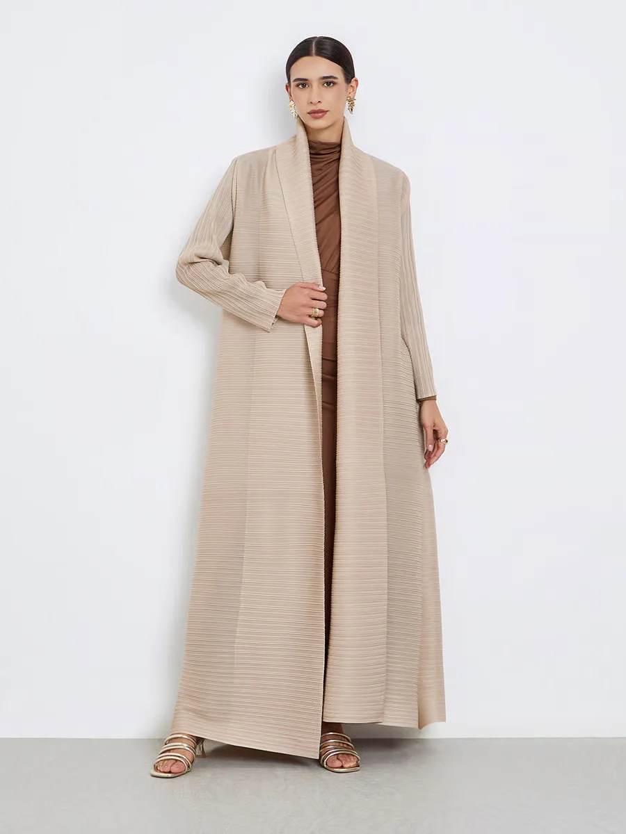 Fold Modest Fashion Pleated Ornate Pattern Abaya Navy Blue Self-Tie Wrap Maxi Islamic Robe Elegant Full-Coverage Outfit 2025