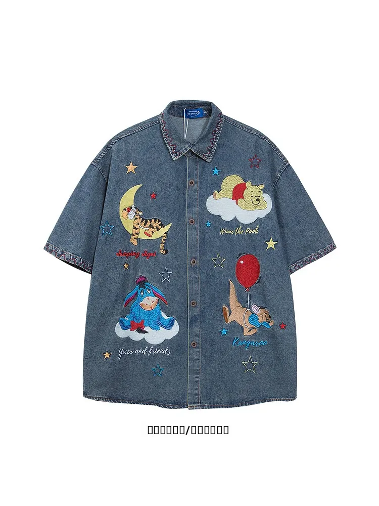 

Loose Couple Bear Cartoon Balloon Short Sleeve Denim Shirt Youth Summer Fashion Resistant Deformation Inner Wear for Men And ...