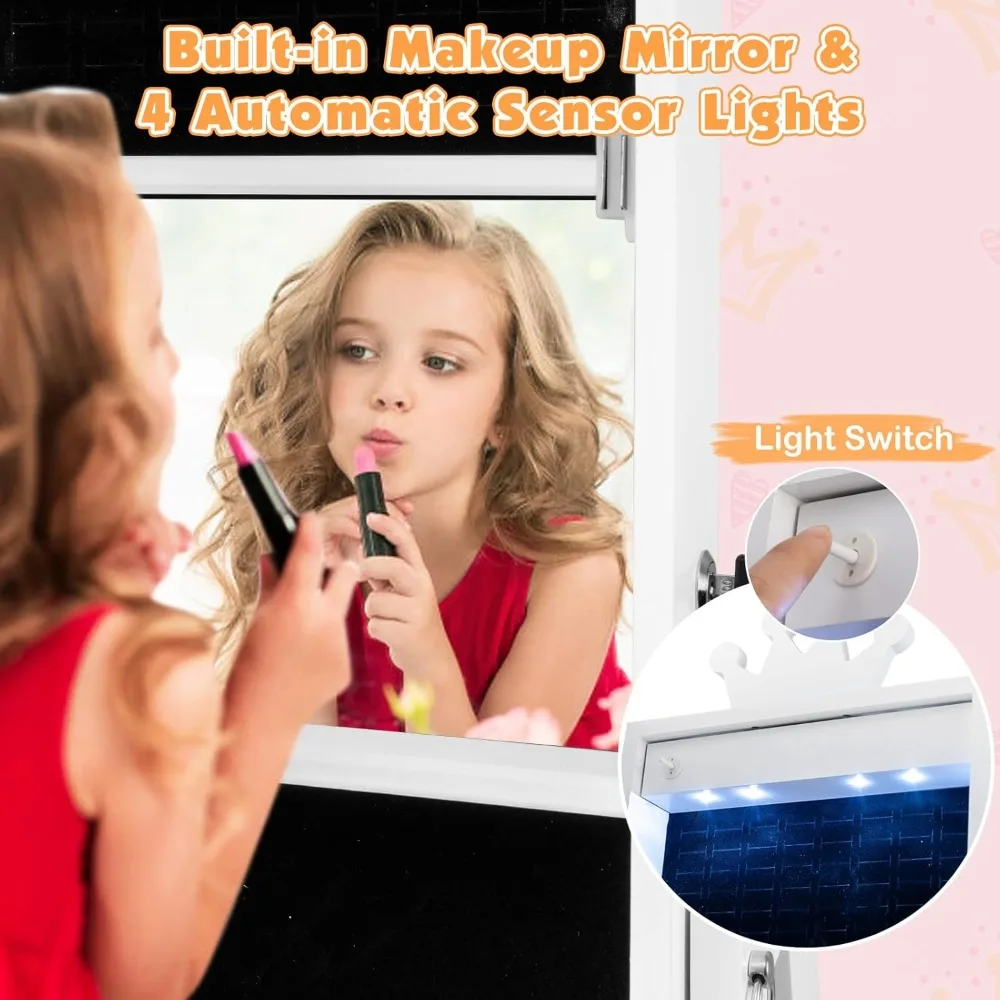 خزانة مجوهرات دوارة للأطفال مع أضواء LED، خزانة مجوهرات واقفة قابلة للدوران مع مرآة كاملة الطول ومرآة مكياج #4