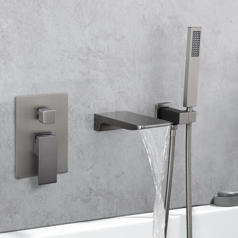 

Brass Bathtub Shower Faucets Set Bathroom Mixer Taps Hot & Cold In Wall Waterfall Type With Embedded Box Gun Grey/Brushed Gold