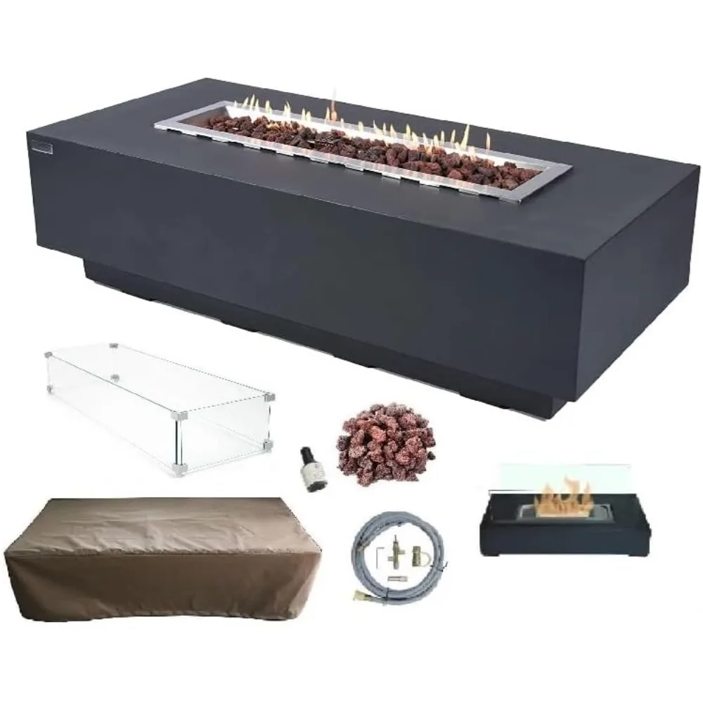 

Gas Fire Pit Cast Concrete Fire Table, Outdoor Fire Pit Electronic Ignition Lava Rock Included Wind Guard & Table-top Firepit