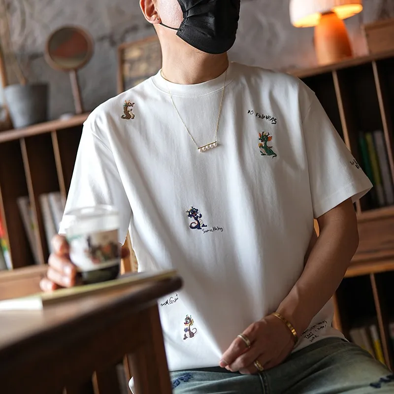 

Hong Kong Style Heavy Embroidery Half Sleeve T-Shirt Men's Summer New Fashion round Neck Casual Short Sleeve Top