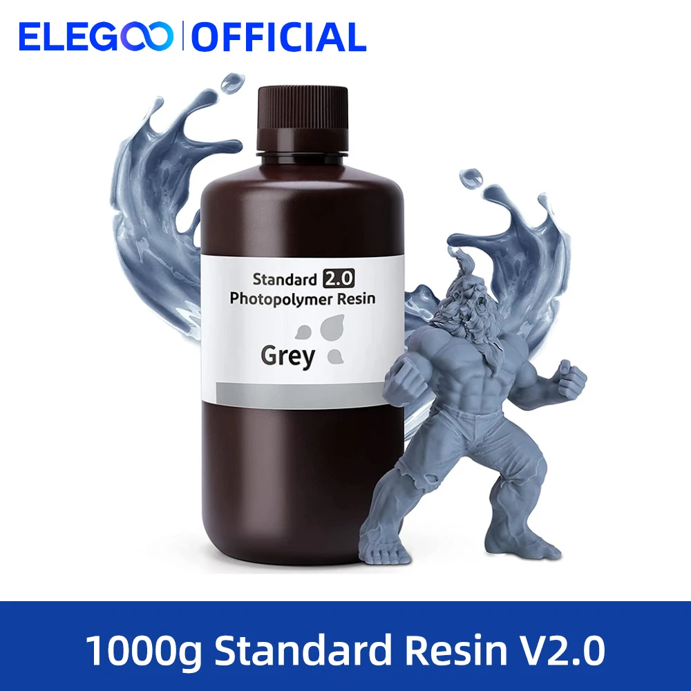 ELEGOO Standard 2.0 3D Printer Resin 1000g Grey Plant-Based Resin Rapid Precise Printing Low Odor 405nm LCD UV-Curing for LCD 3D