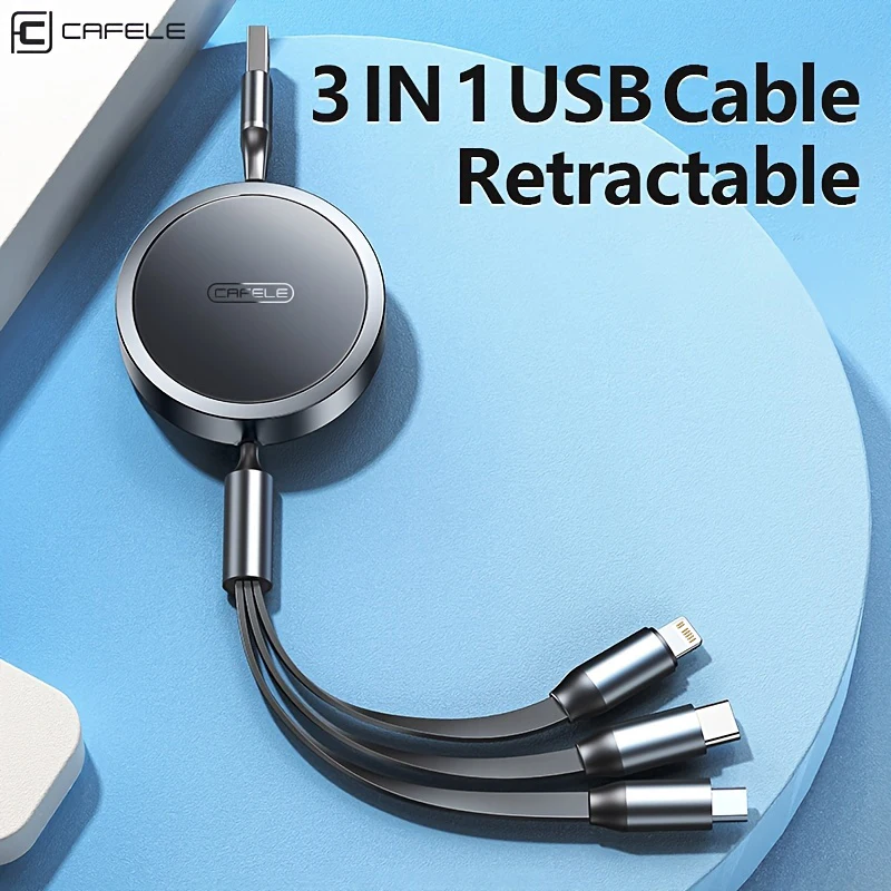 

CAFELE 3 in 1 Multi Charging Cable for iPhone 16 15 14 13 12 100W Retractable Type C Lightning Micro USB Port Fast Charger Cord