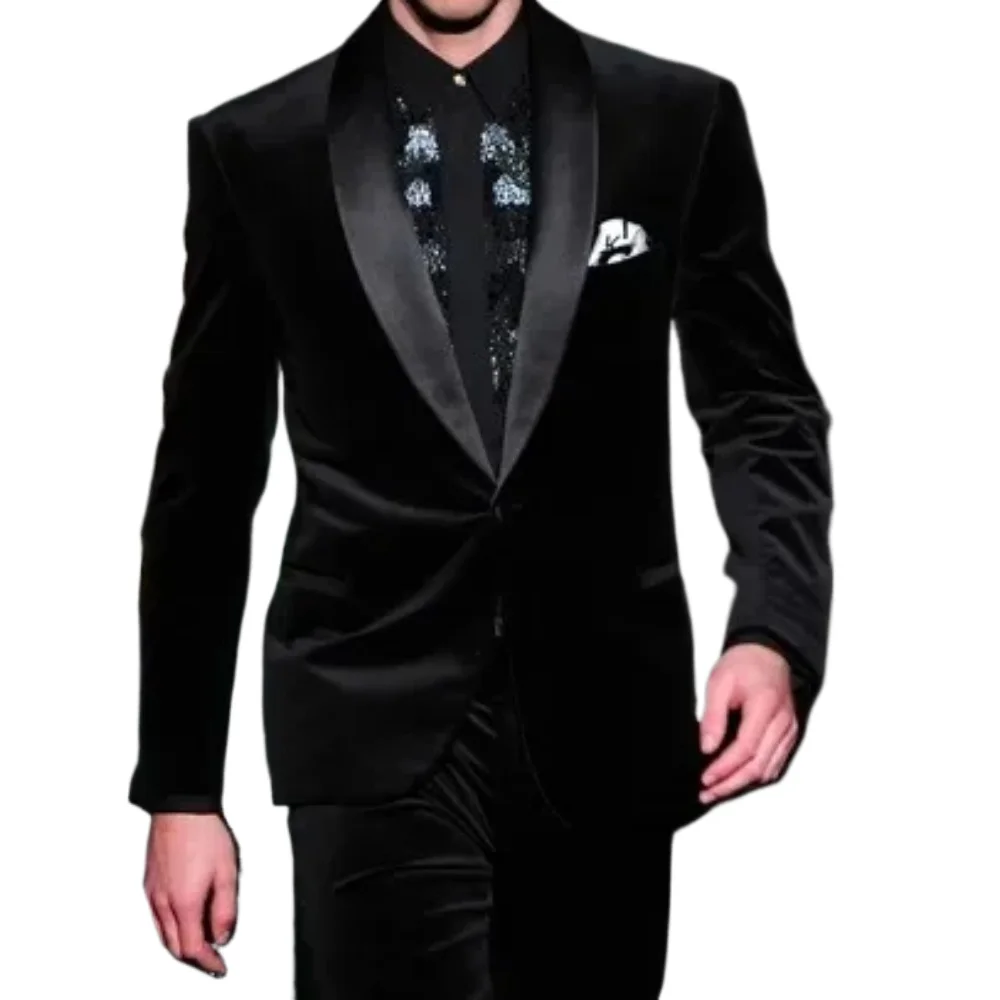 

Black Velvet Shawl Lapel Suit for Men Italian Stylish Elegent Fashion Blazer Sets Causal Custom Slim Fit 2 Piece Jacket Pants