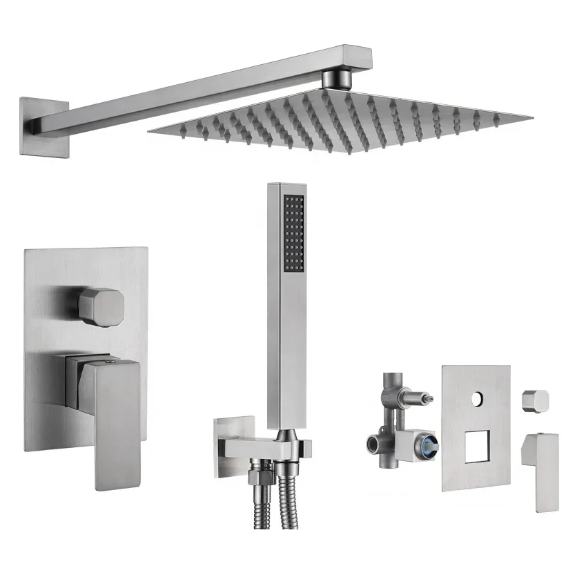 Hotel Bathroom 304 Stainless Steel Brushed Concealed 2 Way Rain Shower Set With Pressure Balance Valve Shower System