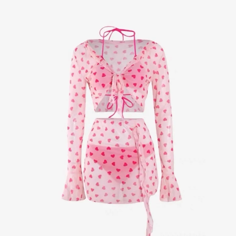 مثير القلب بيكيني مطبوع مجموعة النساء ملابس السباحة شيك أربع قطع بسيطة أزياء الإناث ملابس عطلة الاستحمام بحر