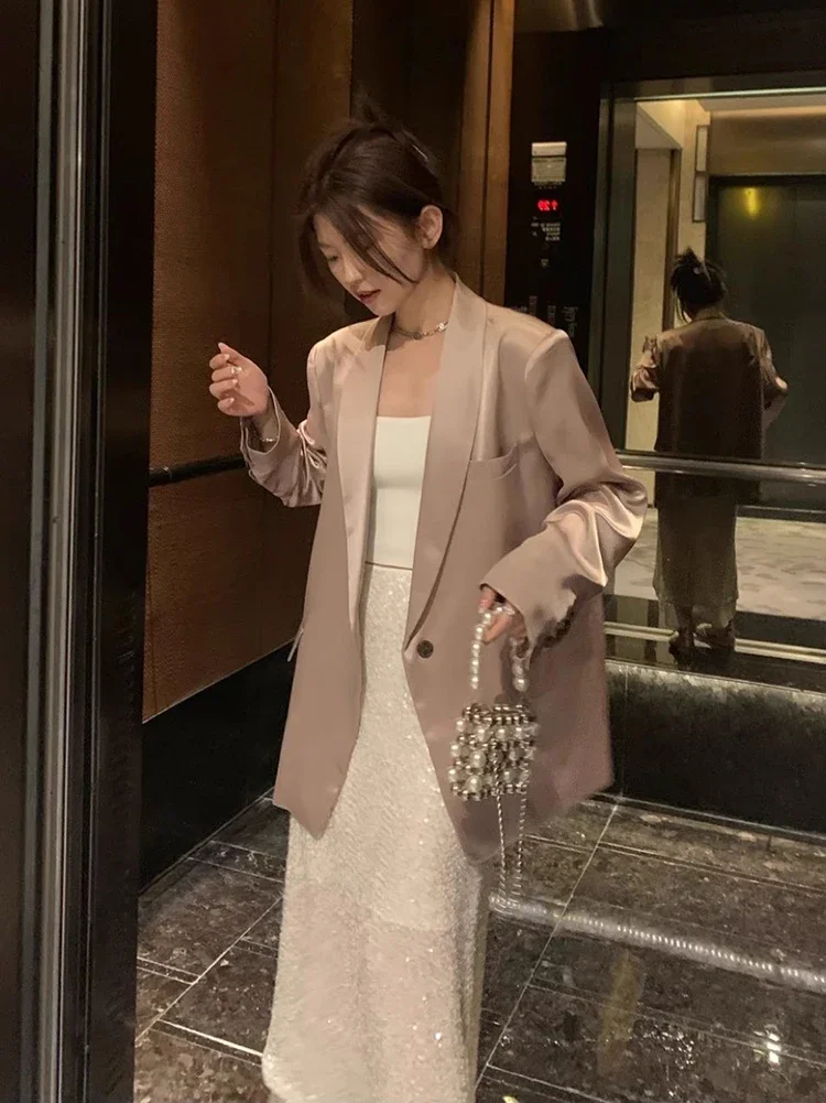 Premium Champagne Satin Blazers for Women with Loose Fit and Banana Collar, Simple Yet Stylish Suit Jacket Acetate party blazer