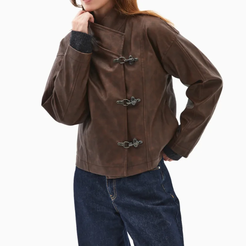 

Винтажная куртка из искусственной кожи, женское металлическое пальто с длинными рукавами, стильная верхняя одежда с неровным воротником, новинка 2025, осенние женские пальто