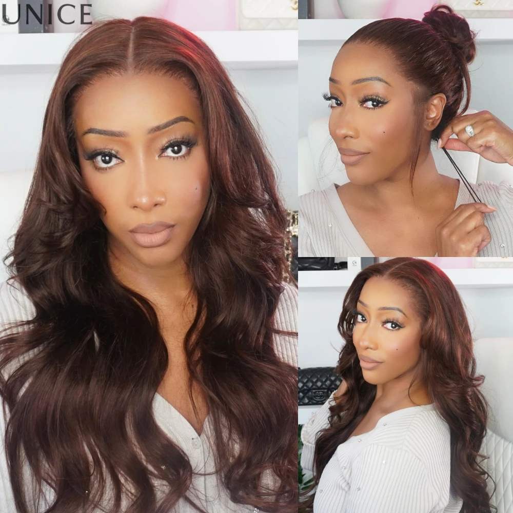 UNice No-Slip 13x4 Lace Frontal Auburn Brown Loose Wave Human Hair Wig With  Face Framing Layer Curtain Bangs & Drawstring