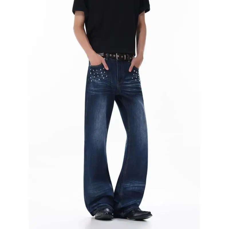 Men's Rivet Flared Blue Jeans Casual Pants Wide Legs Sweatpants Boys Street Bottom Male High Waist Unisex Baggy Trousers
