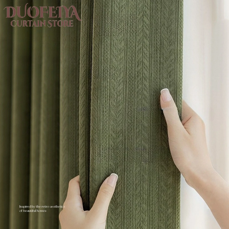 

French Retro Green Chenille Jacquard Wheat Ear Blackout Curtains for Living Dining Room Bedroom Modem Simple Custom Size Decor