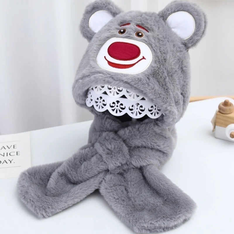 Strawberry Bear Hat Scarf Integrated Cold Protection in Winter Warm Scarf Gloves Two-Piece Children's Warm Cartoon Hat