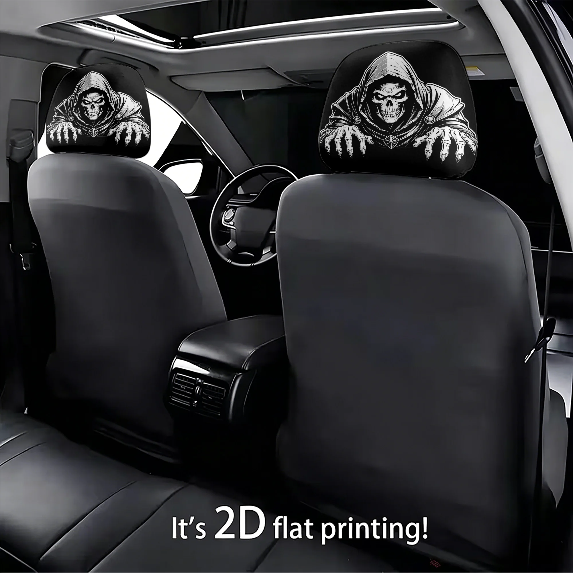2pcs Grim Reaper-patterned car headrest covers to add an avant-garde vibe to your car interior. Filling not included. Easy to in