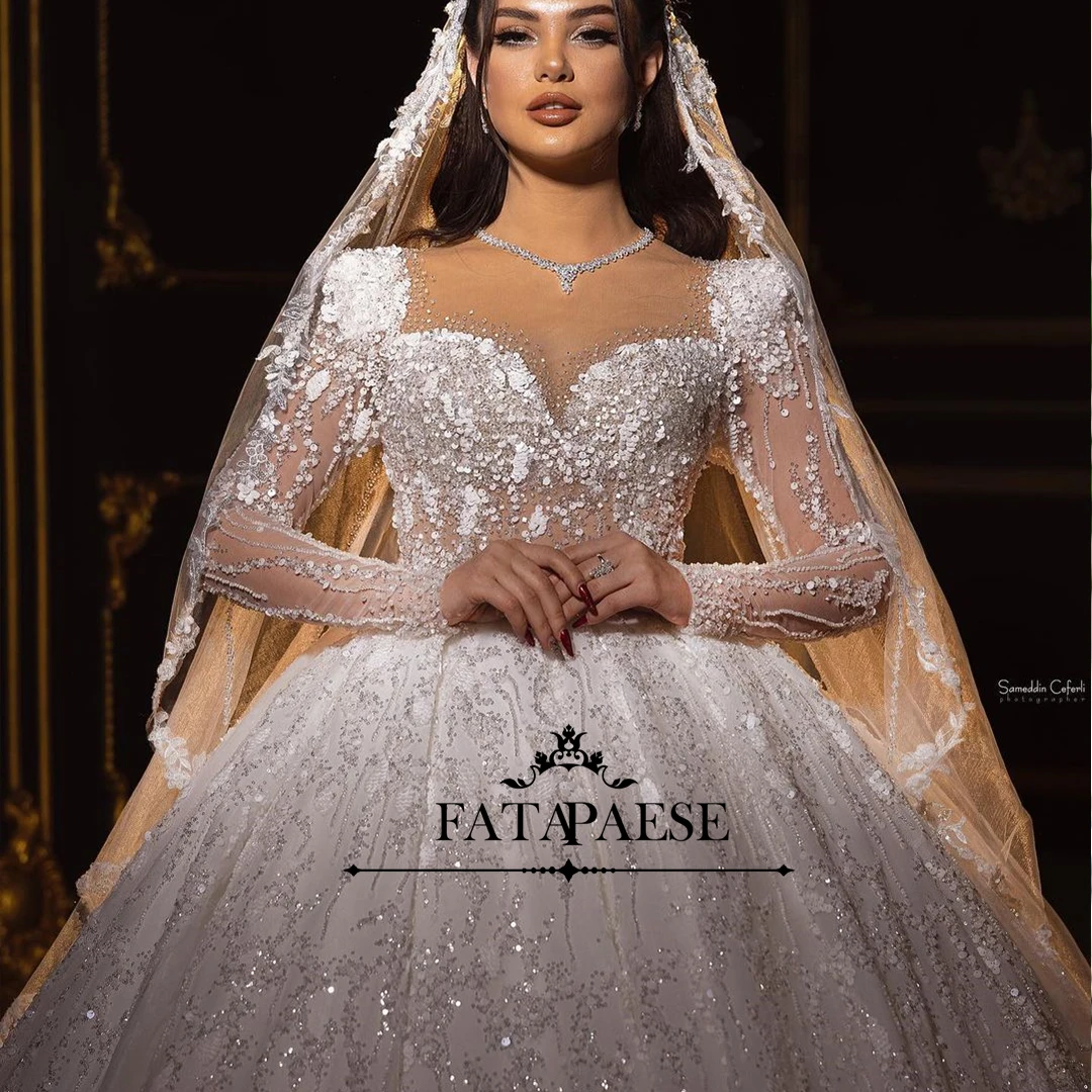 FATAPAESE Luxury Princess Wedding Dress Square-neck Glitter Beaded Crystals Bodice Full Sleeve Bridal Gown Cathedral Tail