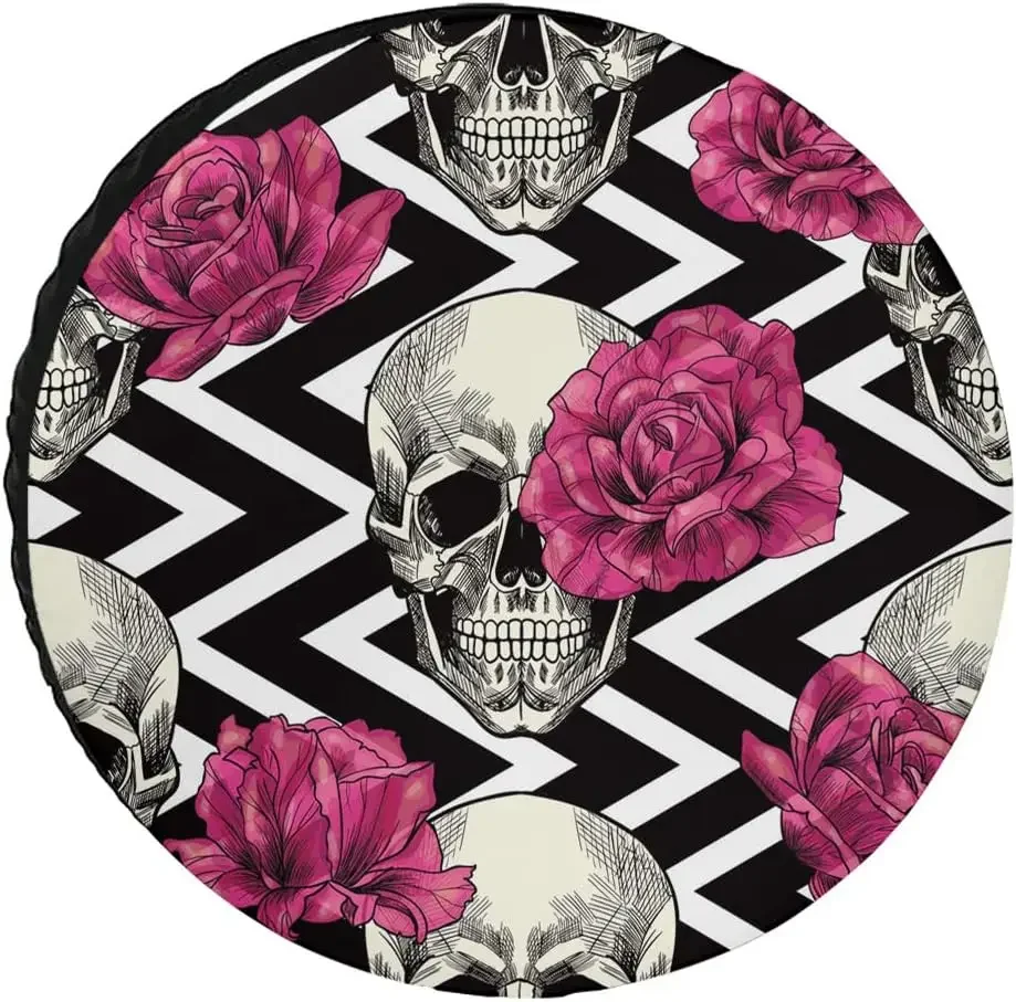 

Rose Skull Black White Spare Tire Cover Weatherproof Dustproof Universal Tire Cover for RV Trailers Motorhomes SUV Camping