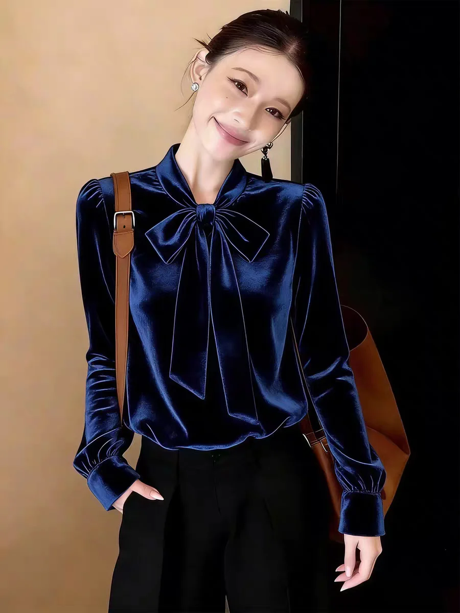 

Korean Style Versatile Solid Color Blouses Elegant Gold Velvet Shirt for Women Early Spring High-end Long-sleeved Top Plus Size