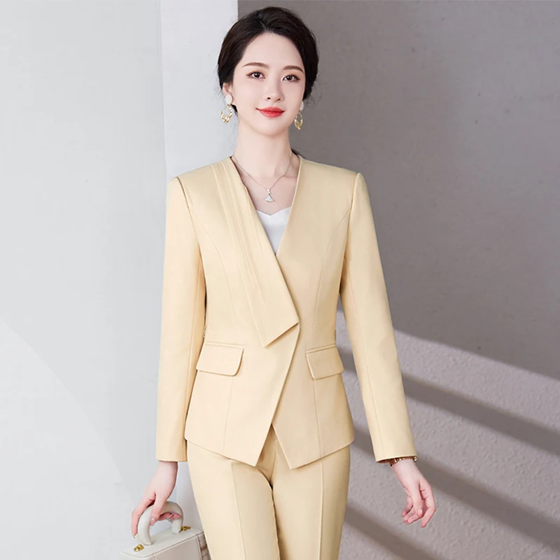 ZJYT Elegant Chic Women\'s Blazer Pant 2 Piece Matching Set Autumn Korean Fashion Jacket Trousers Office Lady Work Outfit Yellow