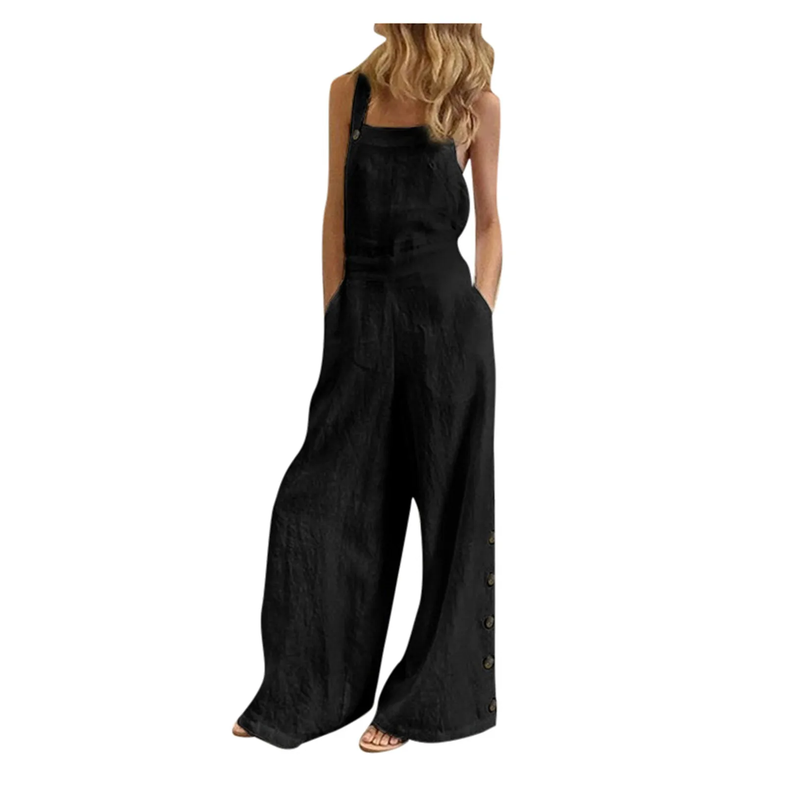 Women Jumpsuit Summer Sleeveless Solid Color Wide Leg Pockets Loose Strappy Playsuit Overall Wide Leg Pockets mujer Playsuit