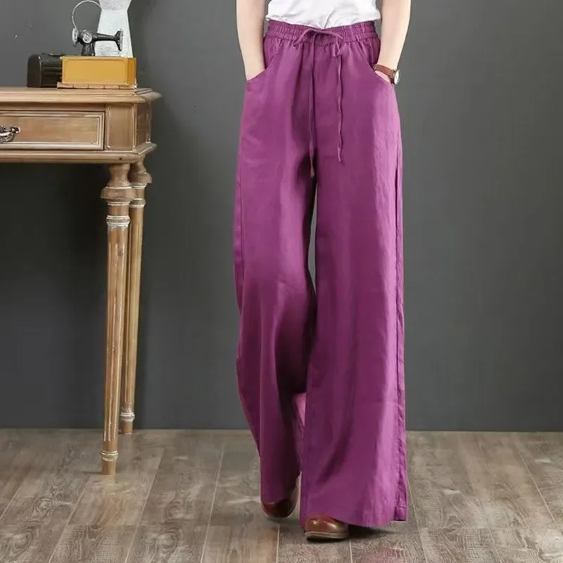 연장형 코튼 린넨 예술적 드레이프 와이드 레그 레이스 퍼플 플로어 길이 바지