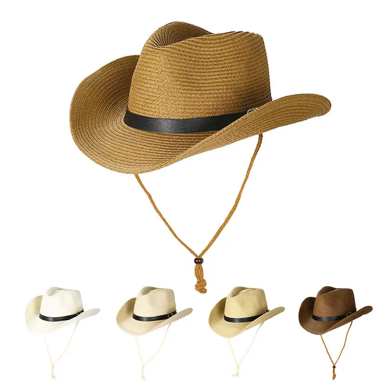 Hot Selling Spring Western Cowboy Cap Straw Hat UV Protection Adjustable Raffia Sun Hat Beach Fishing Outdoor Festival Top Hat