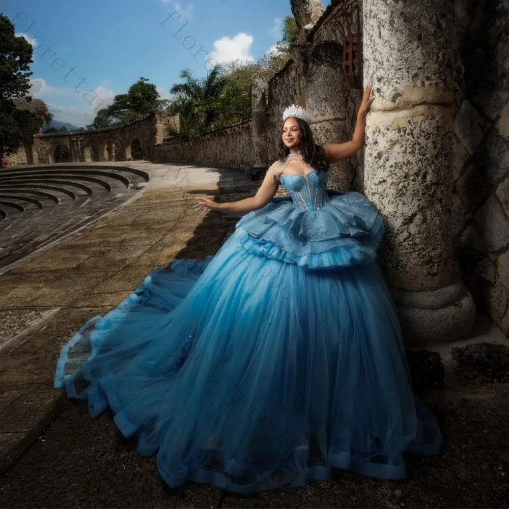 Customized Graceful Exquisite Gorgeous Blue Quinceanera Dresses Beaded Corset Vestidos  Lace Appliqued Charming Ball Gown