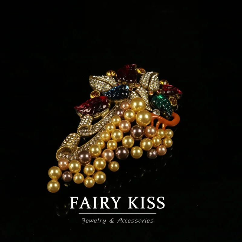 French Vintage Colorful Pearl Handmade Enamel Pavé Diamond Grape Brooch