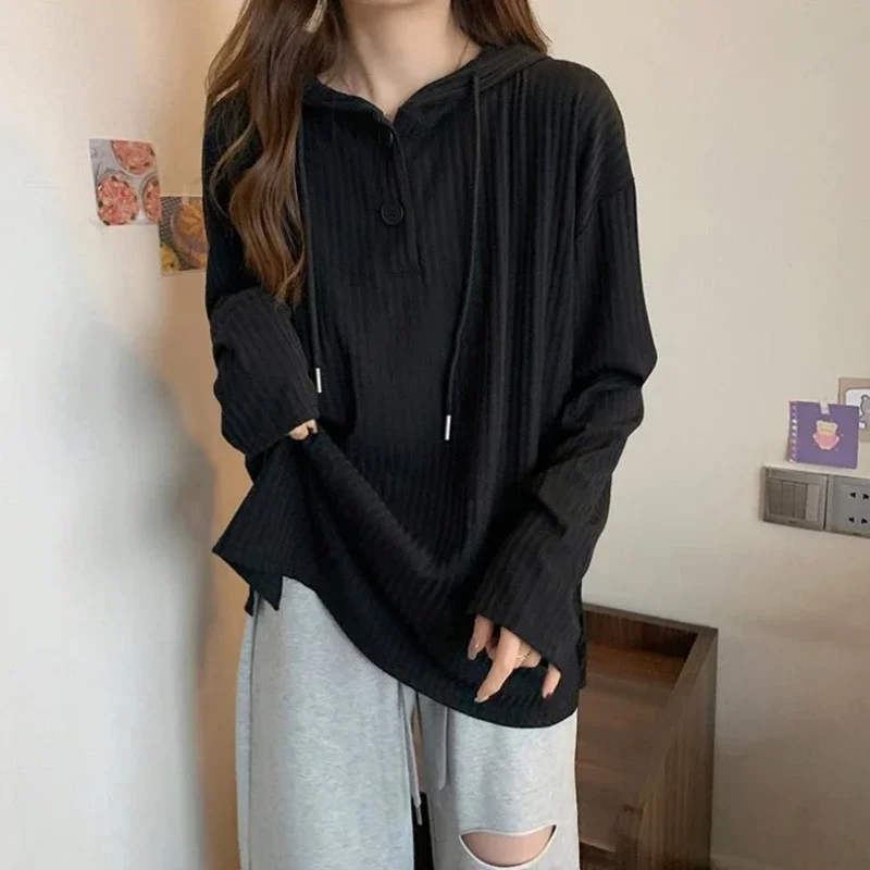 Women's Sweatshirt Button Hoodies Loose Black Woman Clothing Grey Baggy Top Hooded Plain Sport Basic Long Sleeve Dropshiping Emo