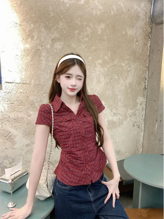 

plus Size Women's Red Plaid Slim Fit Short Sleeve Shirt Korean Style Summer New Fashion Casual Breathable Comfortable Shirt