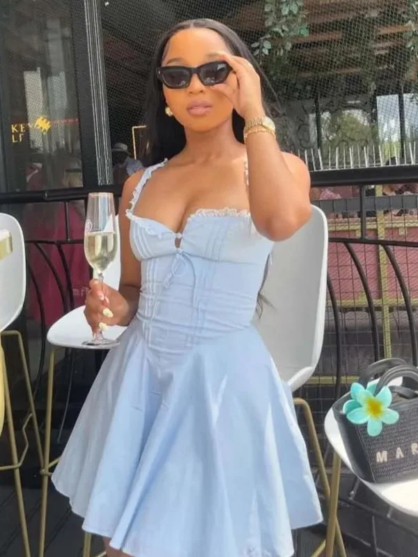 Nuevo 2025 mujeres azul elegante fiesta Mini vestidos Sexy sin mangas de cintura baja A-line vestido de verano con cordones en la espalda bata vestidos W4BW