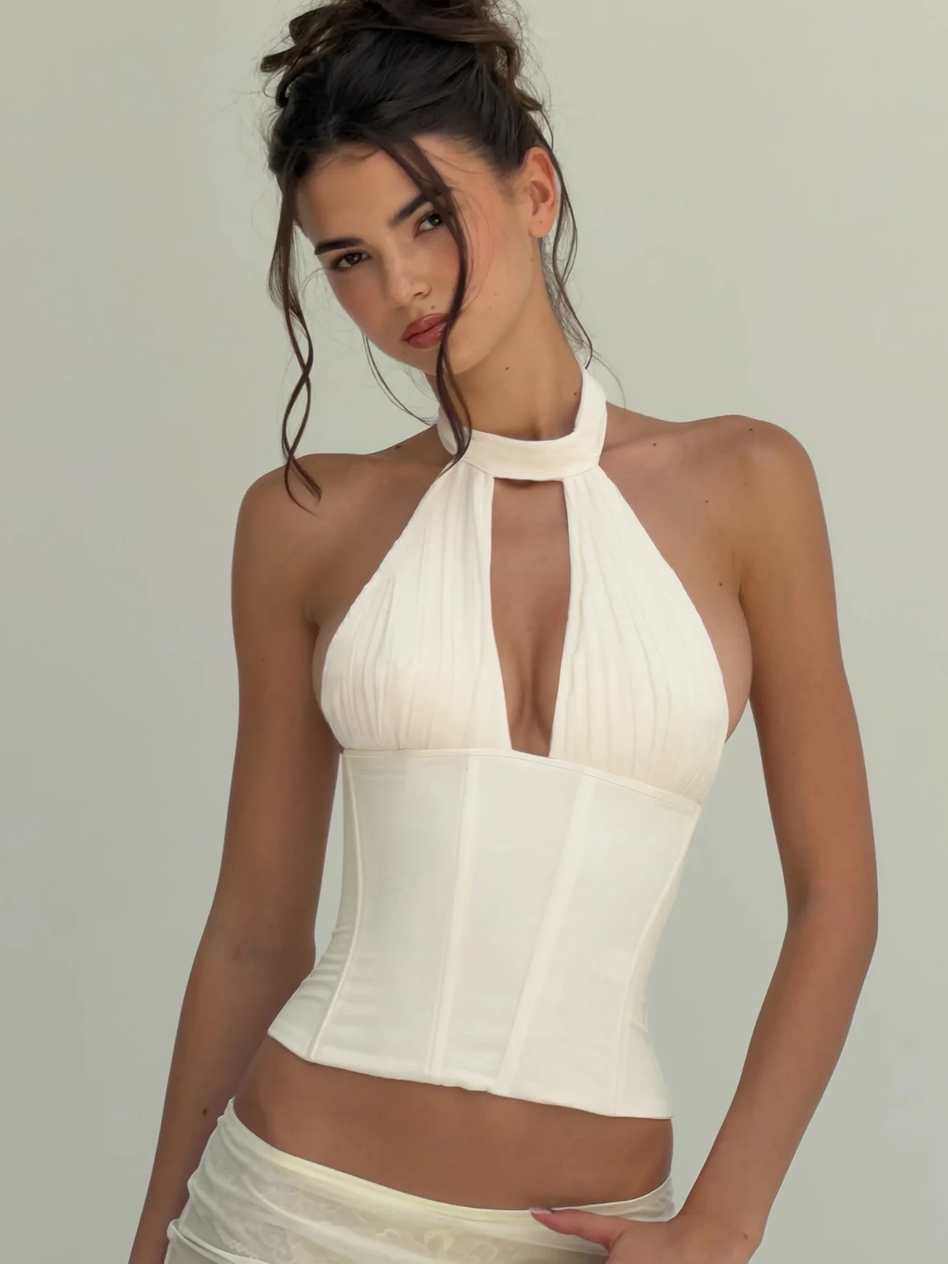 Fanan Summer Fashion Halter V Neck Solid Backless Buttons Sexy Crop Tank Top New Women Clothes Streetwear Vacation Club