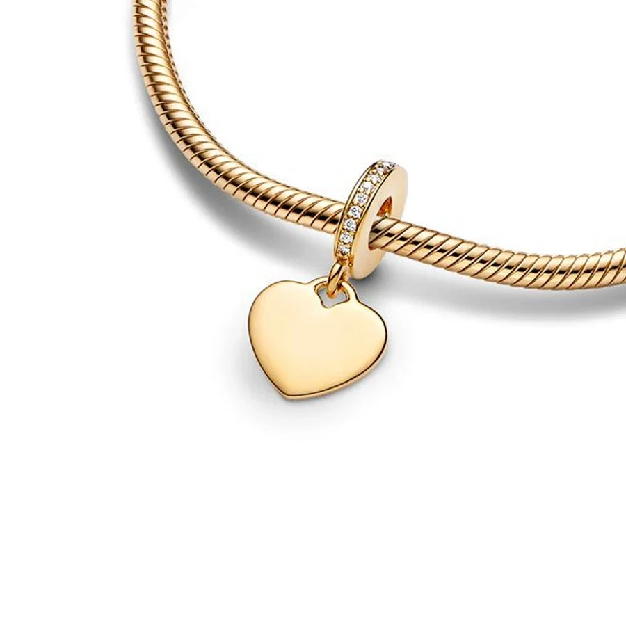 Golden Sparkling Heart Dangle Charm Fit Original Pan Basic Bracelet DIY Women Elegant Jewelry Gift Summer New