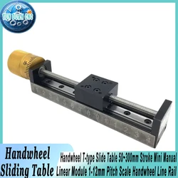 Handwheel T-type Slide Table 50~300mm Stroke Mini Manual Linear Module 1-12mm Pitch Scale Handwheel Line Rail for CNC 3D Printer