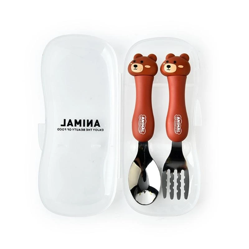 

J15U 2 Pcs Cartoon Spoon Fork Set Stainless Steel Baby Tableware Feeding
