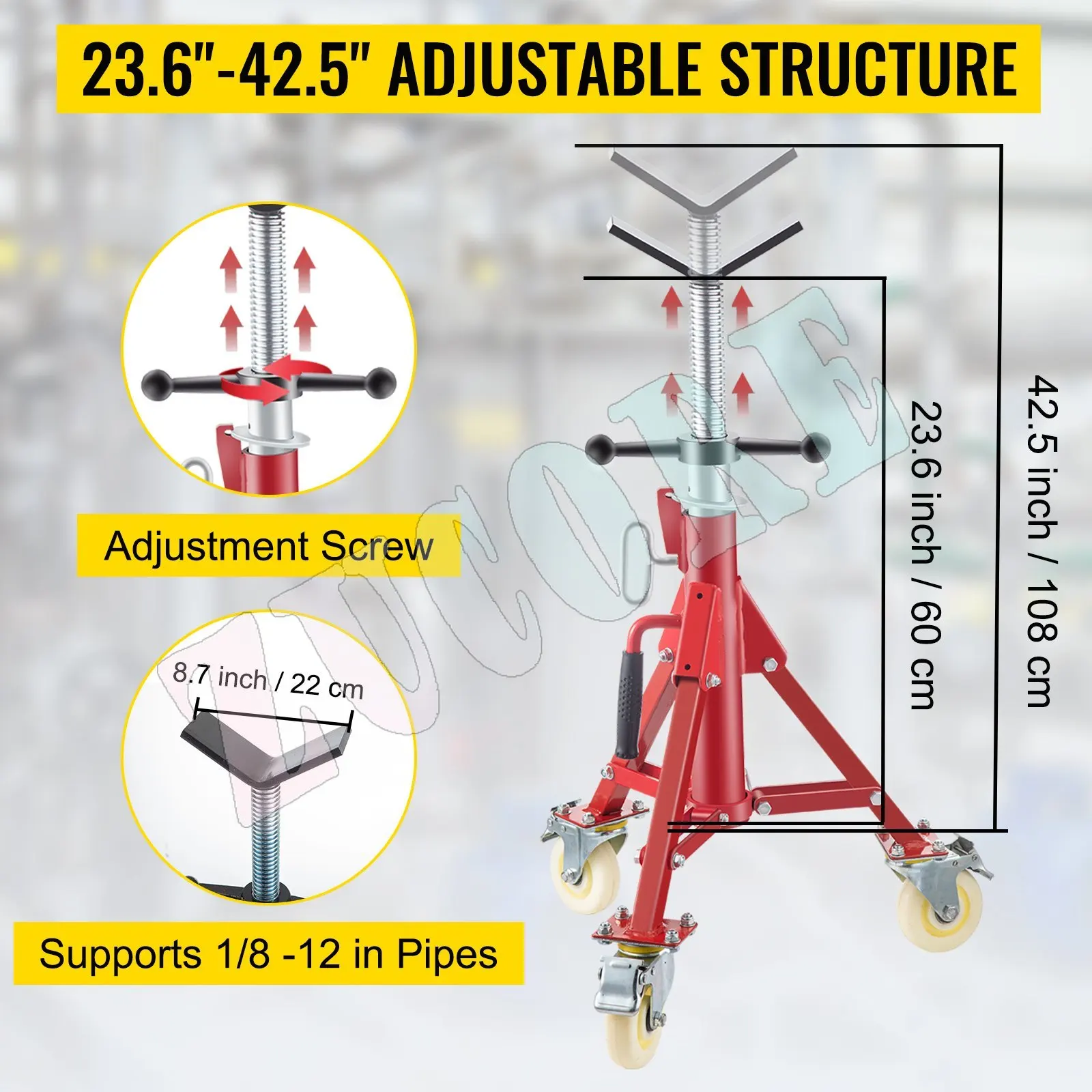 Pipe Stand, Pipe Jack Stand, V Head Pipe Stand Adjustable Height 23.6-42.5 Inch,  Jack Stands with Casters 400kg