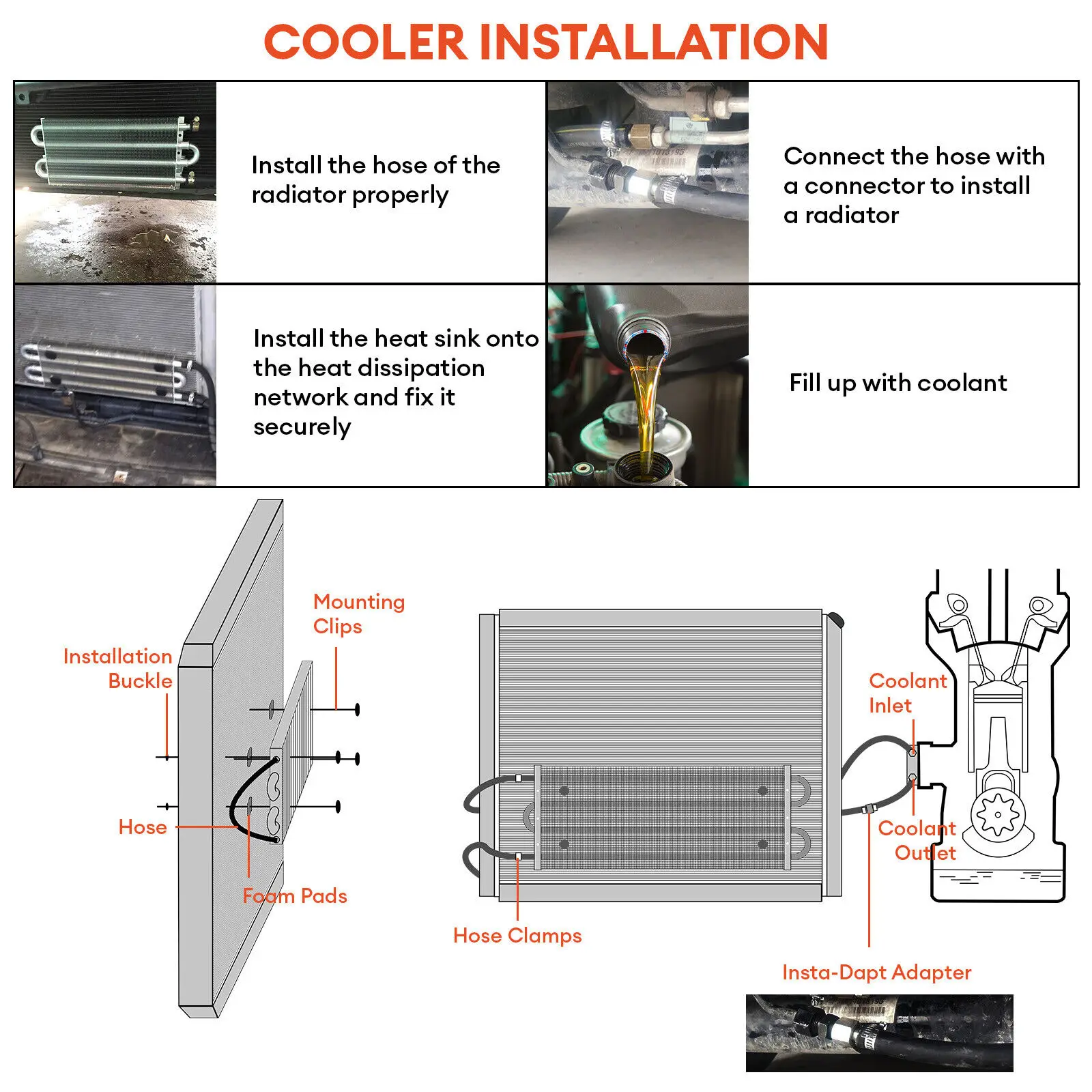 TRANSPEED 4 Pass Transmission Oil Cooler Universal  PRO High Density Aluminium 2 Hose Mounting 4 Rows 5/16