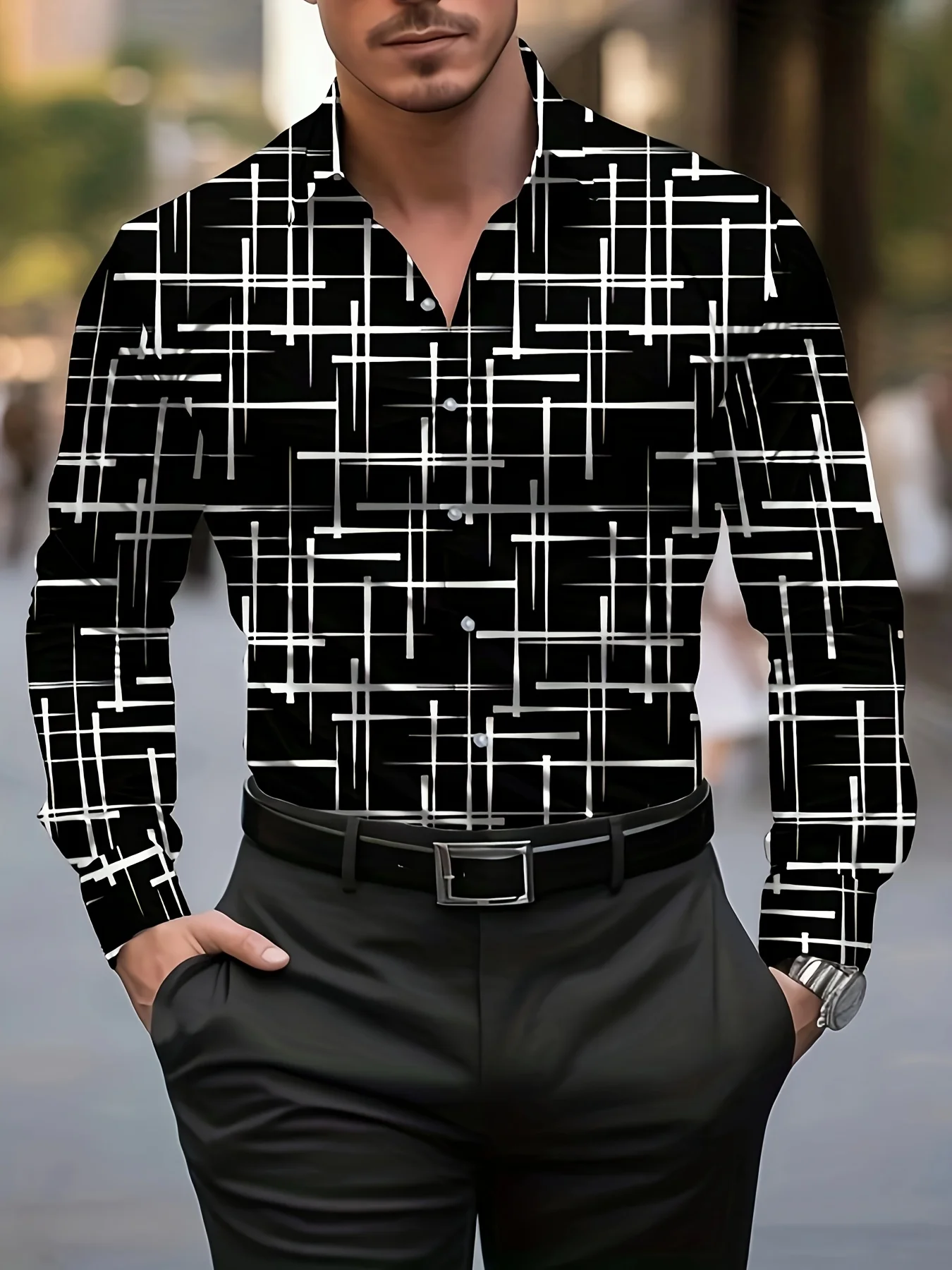 

Men'S Stylish Geometric Print Long Sleeve Shirt Casual Button-Up with Lapel Collar,Perfect for Spring & Fall Pattern