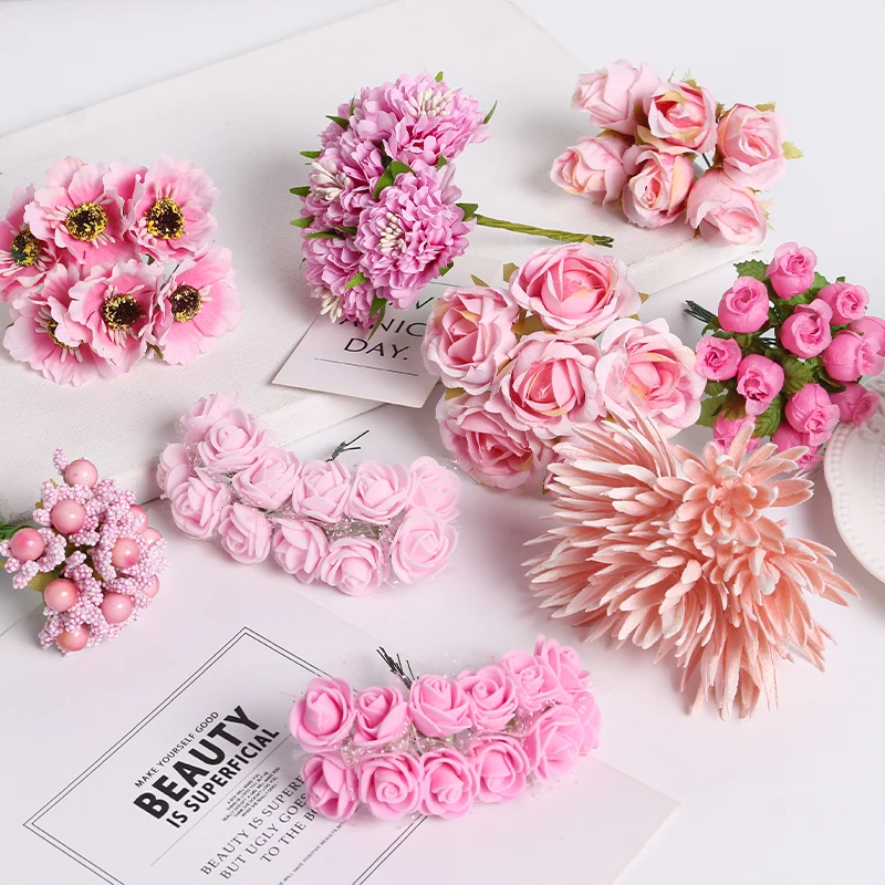 

Pink Mini Artificial Flowers Fake Plant for Home Decor Wedding Decoration DIY Bridal Flower Wall Craft Garland Gift Accessories