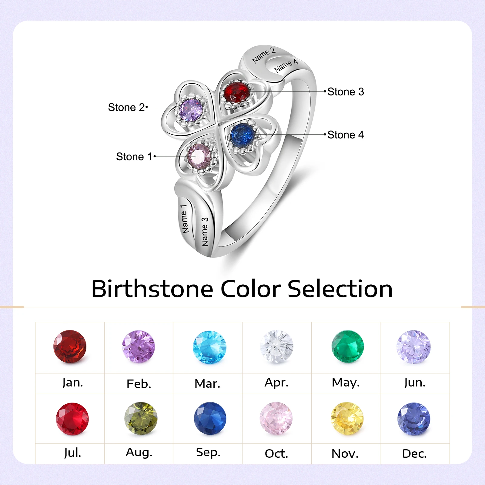 Personalized Flower Ring with 4 Birthstone Custom Name Floral Heart Rings for Women Christmas Gift for Mother Grandma Nana