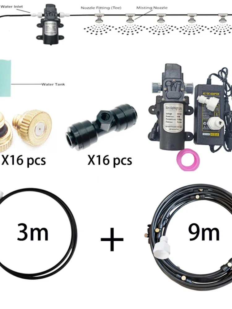 Misting Cooling System 12V Outdoor Water Pump Electric 20-60 FT Mister Nozzles Spray Fan For Patio Spray Garden Greenhouse Plant