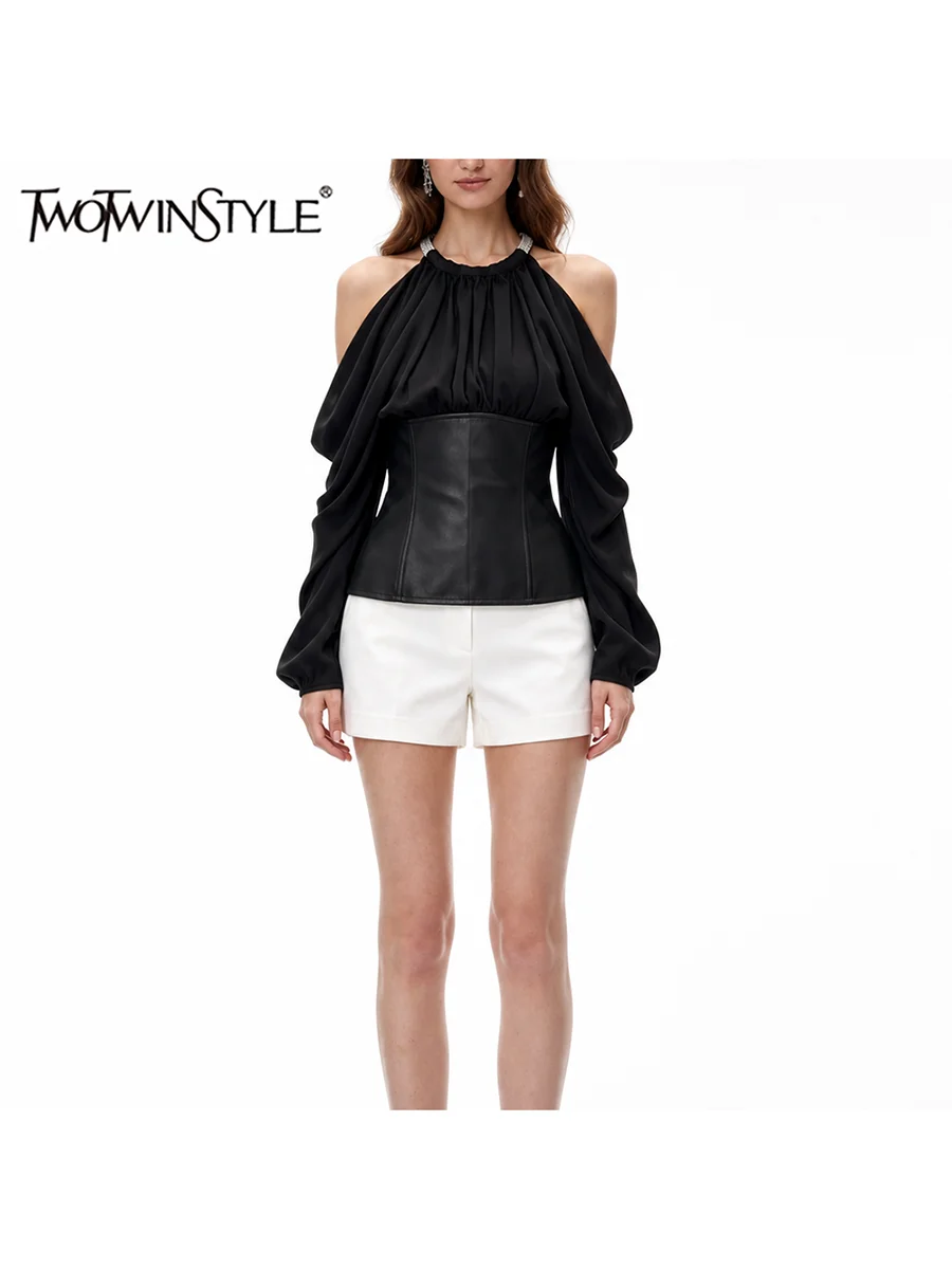 TWOTWINSTYLE Diamond Spliced Mesh Slimming T Shirt for Women Round Neck Long Sleeve Patchwork Zipper Casual Top Female Fashion