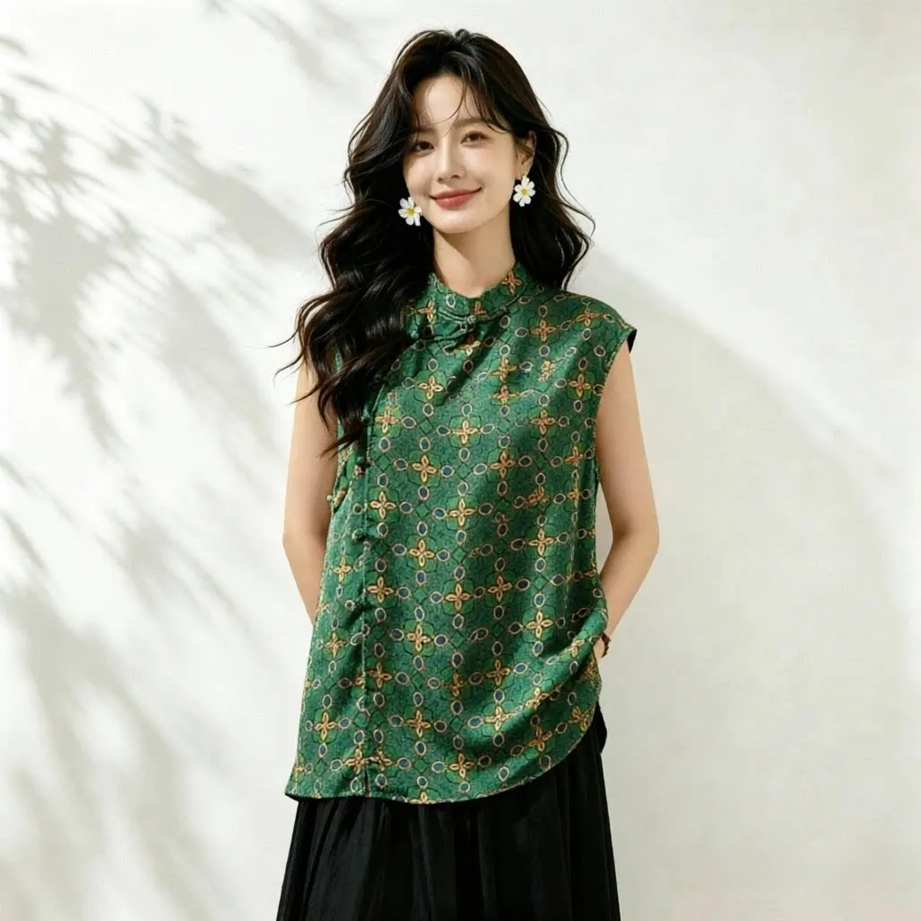 Winsleter-100%Real Silk Watered Gauze Elegant Vest, Stand Hua Luo, Women Vintage Commute Loose Vest, 2026 Summer New T68232CC